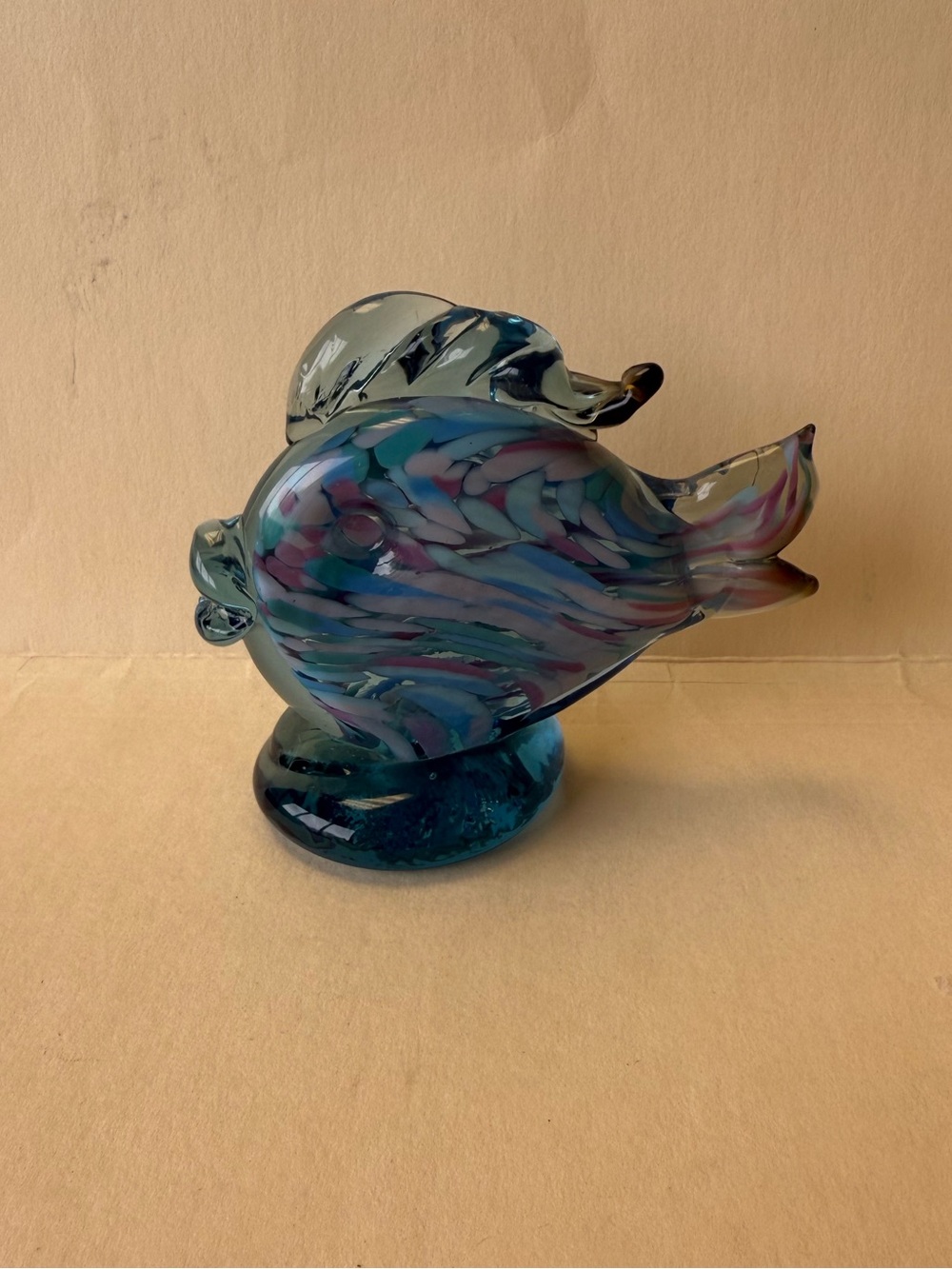 Handmade Small Art Glass Kissing Fish Figurine Colorful Swirls Blue Green Purple